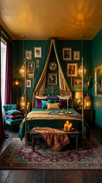 12 Bedroom Decor Colorful Jewel Tone Emerald Gold Moody 12 12. Complete Jewel-Tone Emerald Gold Moody Bedroom — All Elements Together