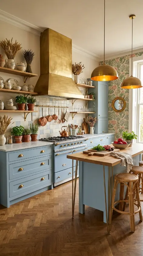 12 Bohemian Kitchen Pale Blue Vintage Range Brushed Gold 12 12. Complete Pale Blue Vintage Range Bohemian Kitchen — All Elements Together
