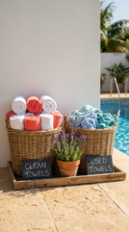 18 Pool Towel Storage Ideas to Keep Your Pool Area Tidy 12 12. Create a Dedicated Towel Station With a Labeled Clean and Used Zone