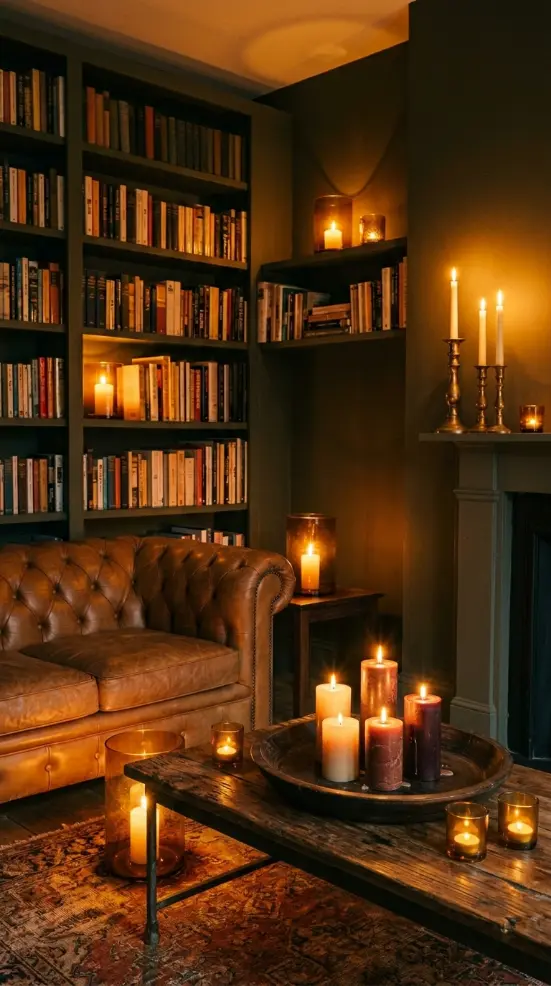 16 Bohemian Living Room Dark Olive Book Wall Chesterfield 12 12. Dark Olive Living Room With Amber Glass and Brass Candlelight