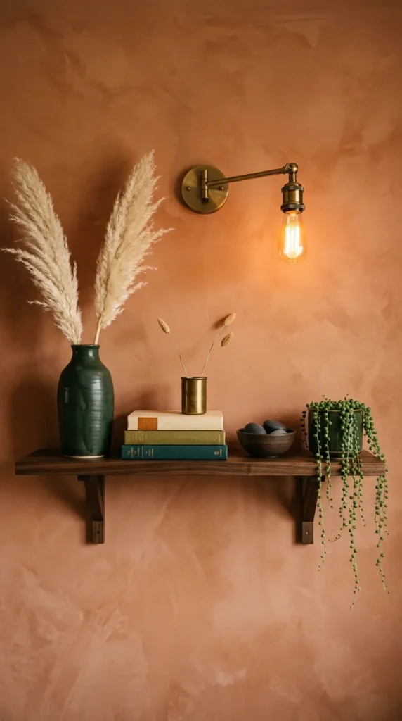 22 Cozy Warm Bedroom Aesthetic Vintage Brass Layered Rugs 12 12. Dried Botanicals and Ceramics on Bedroom Shelf