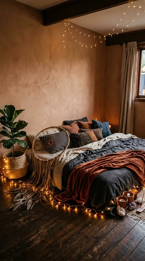 18 Bohemian Bed Dark Charcoal Fairy Light Dreamcatcher 12 12. Floor-Level Bohemian Bed With Fairy Light Surrounding