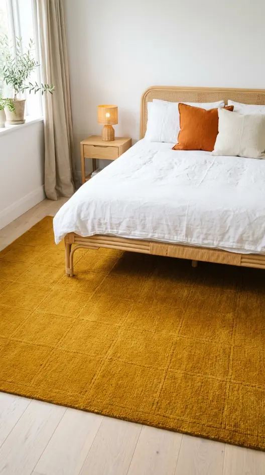 20 Cute Rugs Ideas for Bedrooms That Make You Want to Stay in Bed Forever 12 12. Mustard Yellow Rug as Bold Color Accent
