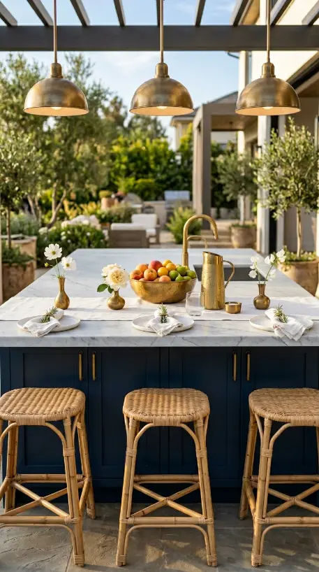 20 Modern Summer Kitchen Decor Ideas Navy Brass Island 12 12. Navy and Brass Summer Kitchen With White Linen Styling