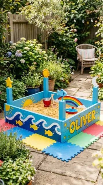 22 DIY Kids Playground Sandbox and Water Table for Small Yards 12 12. Painted and Decorated Sandbox Frame as Garden Feature