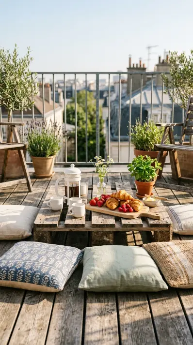 20 Pallet Table Outdoor Boho Rooftop Terrace Floor Cushions 12 12. Pallet Terrace Breakfast Zone — Morning Boho Setup
