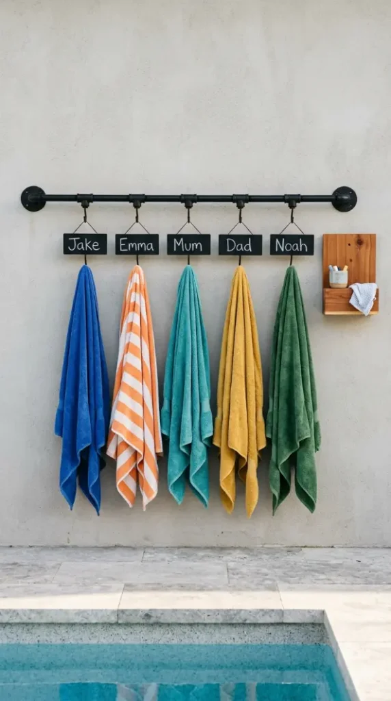20 Pool Towel Rack Ideas DIY Industrial Pipe Name Tags 12 12. Pipe Rack with Chalkboard Name Plates
