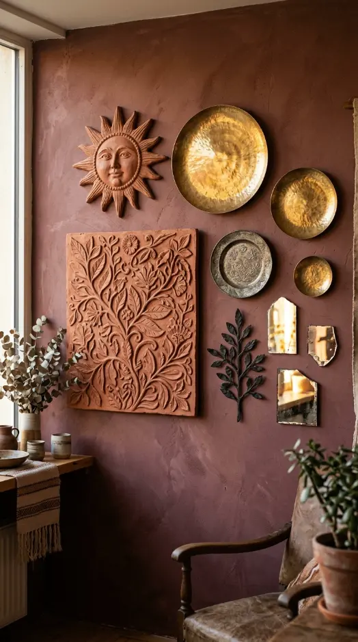 14 Bohemian Wall Decor Terracotta Ceramic Relief Mixed Media 12 12. Pressed Metal and Ceramic Mixed Wall Composition