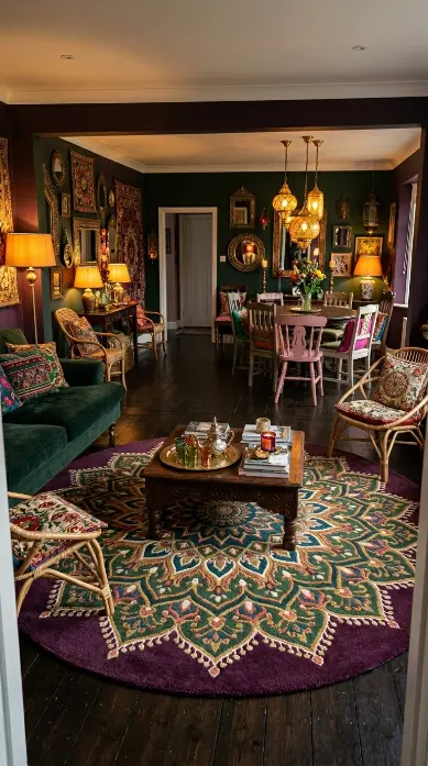14 Bohemian Rugs Round Mandala Maximalist Colorful Room 12 12. Round Mandala Rug in Bohemian Maximalist Eclectic Dining and Living Space