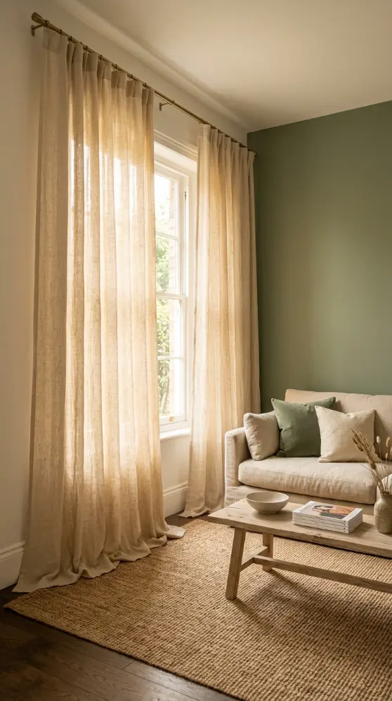 14 Living Room Decor Color Schemes Sage Green Warm White 12 12. Sage Green and Warm White With Warm Cream Linen Curtains