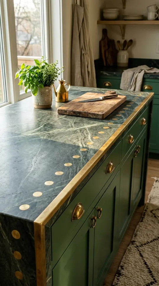 18 Modern Boho Kitchen Ideas Forest Green Soapstone Brass 12 12. Soapstone Counter With Brass Inlay Detail