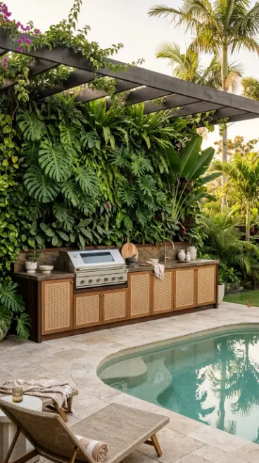 24 Outdoor Kitchen Ideas Luxury Resort Style With Pool 12 12. Tropical Outdoor Kitchen With Lush Planting Wall