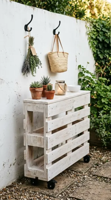 18 Pallet Table DIY Whitewashed Outdoor Patio Wheels 12 12. Use Half Pallets to Build a Narrow Whitewashed Console Table on Wheels