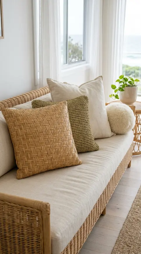 20 Bohemian Pillows Natural Fiber Pom Pom Woven Sheepskin 12 12. Use a Woven Rattan or Seagrass Pillow for Coastal Boho Style