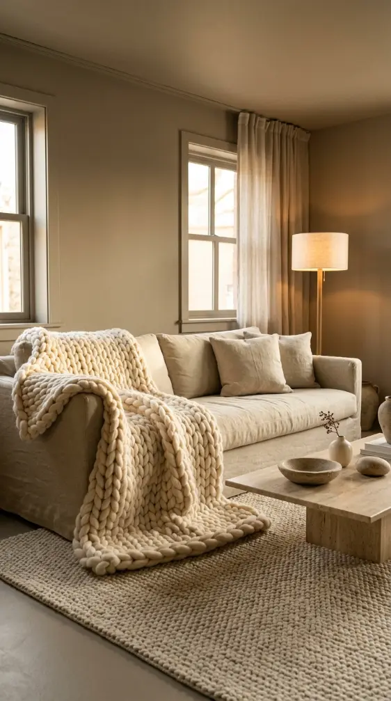 15 Cozy Minimalist Living Room Warm Greige Color Drenched 12 12. Warm Greige Room With Tall Indoor Plant as Single Living Element