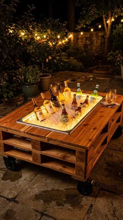 18 Pallet Table Outdoor Built-In Ice Cooler Party Table 13 13. Add LED Strip Lighting Around the Cooler Trough for Evening Party Ambiance
