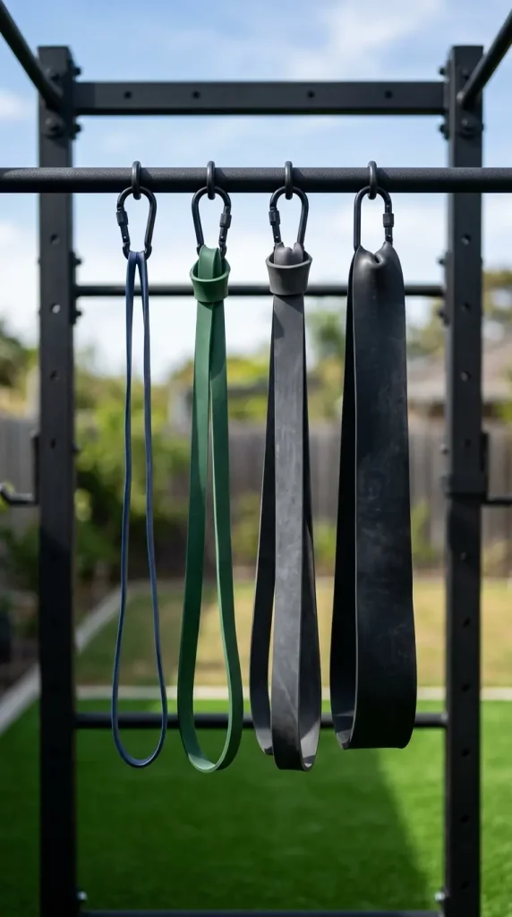 14 Budget-Friendly Home Gym Designs Outdoor Backyard Turf 13 13. Add a Resistance Band Station to the Pull-Up Bar Frame