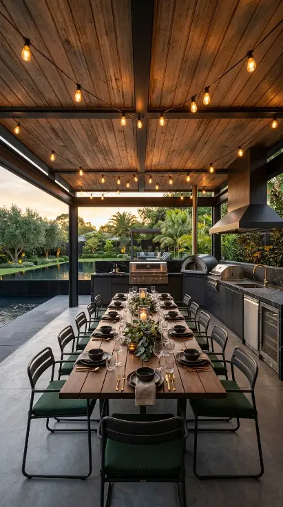 24 Outdoor Kitchen Ideas Luxury Resort Style With Pool 13 13. Alfresco Dining Pavilion With Full Outdoor Kitchen and Pool Table View