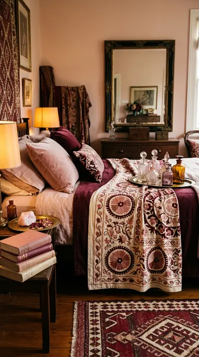 15 Bedroom Decor Colorful Blush Burgundy Romantic Style 13 13. Blush and Burgundy With Global Textile and Vintage Accessory Layering