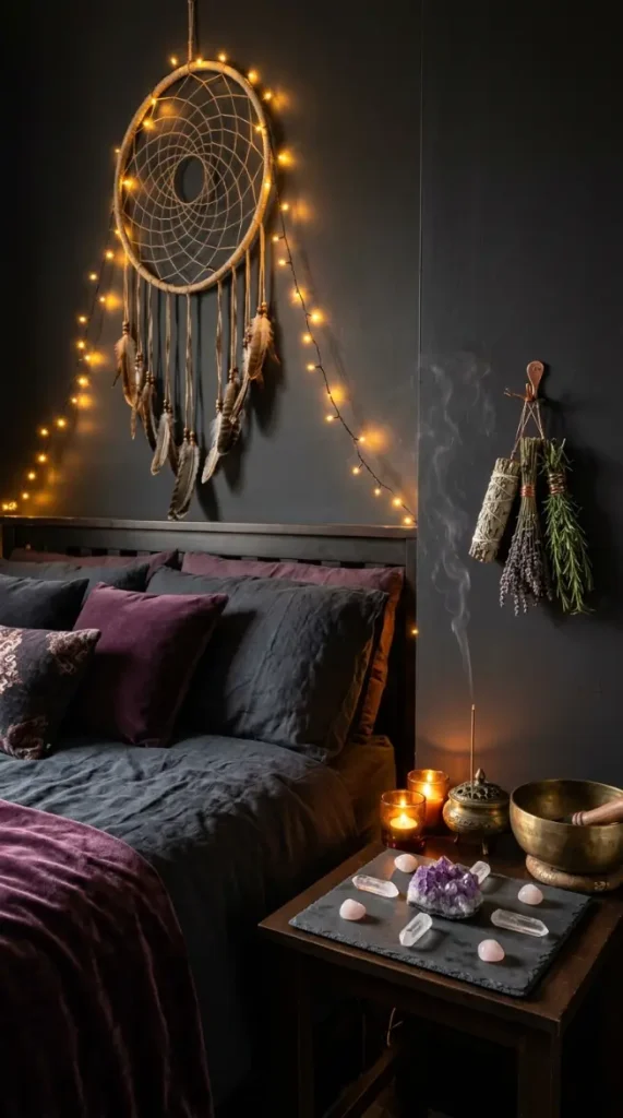 18 Bohemian Bed Dark Charcoal Fairy Light Dreamcatcher 13 13. Bohemian Dark Bedroom With Incense, Crystal Grid, and Ritual Styling