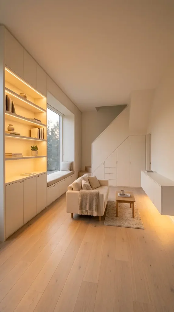 13 Minimalist Living Room Small Spaces Built-In Storage 13 13. Complete Minimalist Small Living Room With Full Built-In Storage System