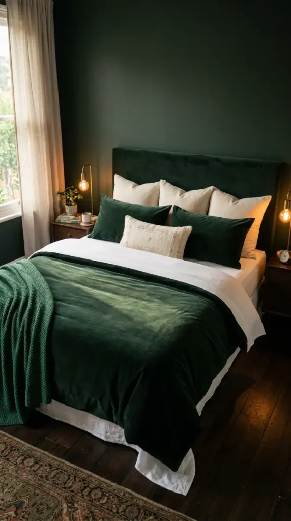 22 Cozy Warm Bedroom Aesthetic Dark Green Fairy Lights 13 13. Dark Green Velvet Bedding — The Foundation Layer