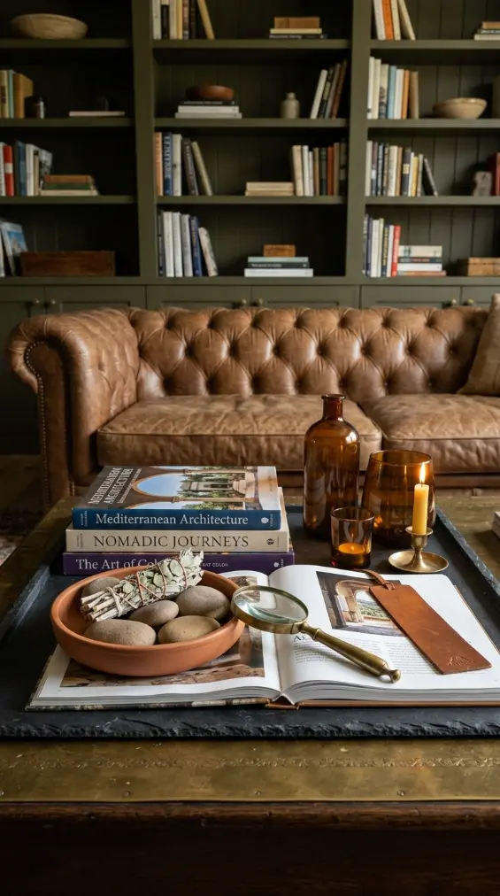 16 Bohemian Living Room Dark Olive Book Wall Chesterfield 13 13. Dark Olive and Chesterfield Living Room — Coffee Table Book Vignette