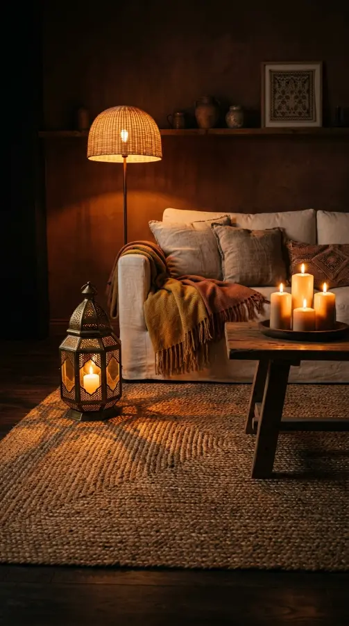 14 Bohemian Rugs Natural Jute Seagrass Earthy Living Room 13 13. Earthy Bohemian Living Room at Night on Jute