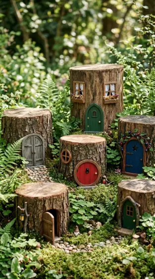 22 DIY Outside Play Area for Kids Natural Log and Stump 13 13. Fairy Tale Stump Village With Miniature Doors and Windows