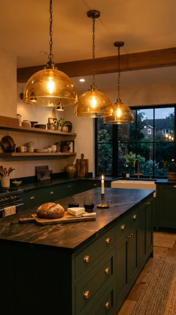 18 Modern Boho Kitchen Ideas Forest Green Soapstone Brass 13 13. Forest Green Kitchen With Amber Glass and Brass Lighting