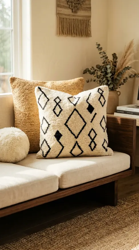 20 Bohemian Pillows Natural Fiber Pom Pom Woven Sheepskin 13 13. Layer a Vintage Beni Ourain Wool Pillow in Black and Cream