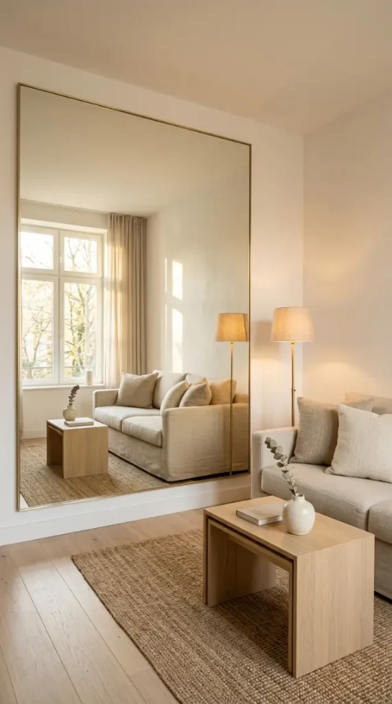 20 Minimalist Living Room Small Spaces Multifunctional 13 13. Mirror on Full Wall to Double Perceived Space