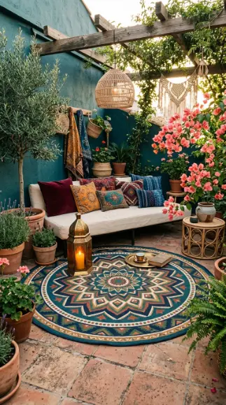14 Bohemian Rugs Round Mandala Maximalist Colorful Room 13 13. Outdoor Bohemian Round Mandala Rug on Terrace or Courtyard