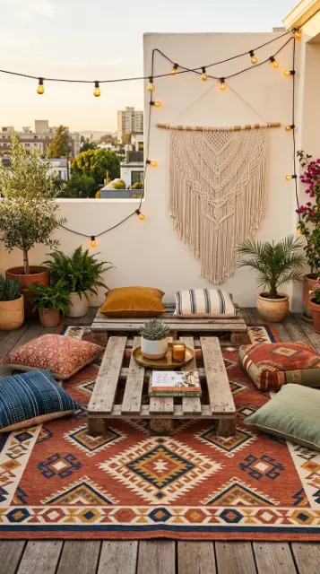 20 Pallet Table Outdoor Boho Rooftop Terrace Floor Cushions 13 13. Pallet Terrace with Outdoor Rug and Macramé Wall Art