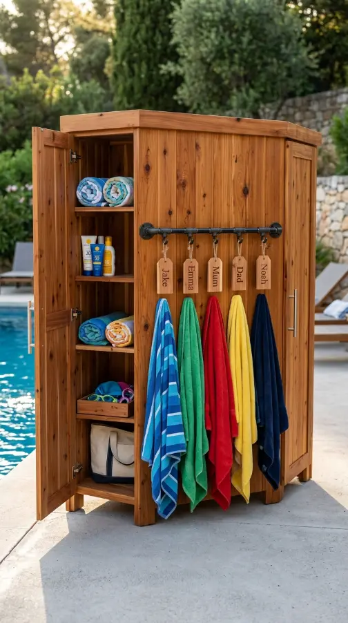 20 Pool Towel Rack Ideas DIY Industrial Pipe Name Tags 13 13. Pipe Rack Integrated into Cedar Pool Cabinet