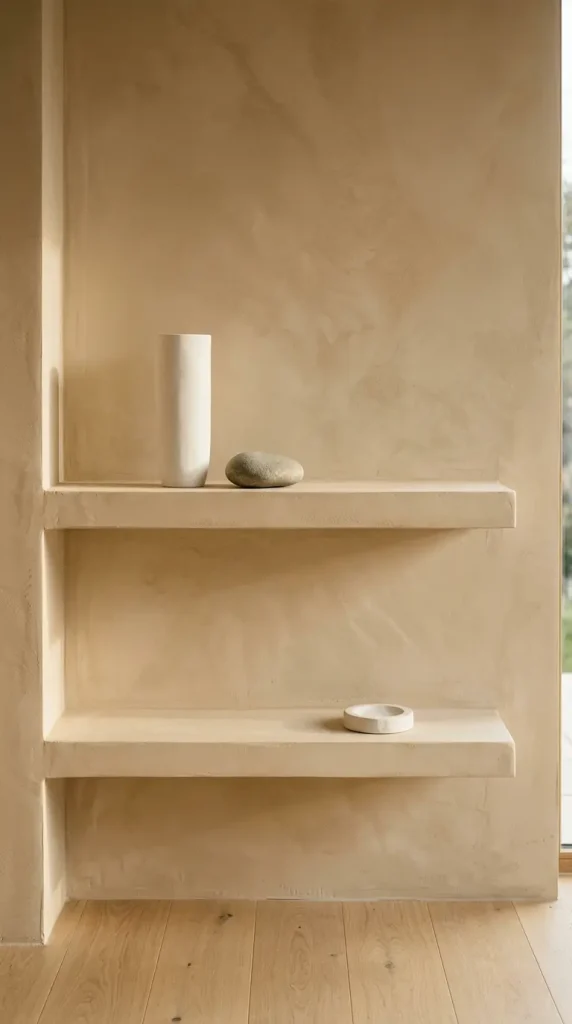 22 Minimalist Living Room Decor Ideas Sculptural Plaster 13 13. Plaster Wall with Integrated Floating Shelves — Seamless Architecture