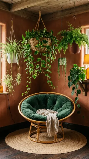 15 Bohemian Chair Ideas With a Cozy Rattan Papasan Look 13 13. Rattan Papasan With Canopy of Hanging Plants Above