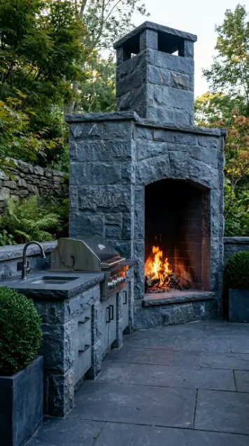 22 Outdoor Kitchen Ideas Rustic Stone With Fireplace 13 13. Reclaimed Railway Stone Kitchen With Fireplace Alcove