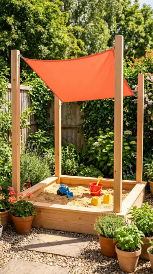 22 DIY Kids Playground Sandbox and Water Table for Small Yards 13 13. Shaded Sandbox Canopy for Hot Climates