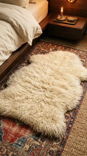 22 Cozy Warm Bedroom Aesthetic Vintage Brass Layered Rugs 13 13. Sheepskin Rug at the Bedside Landing