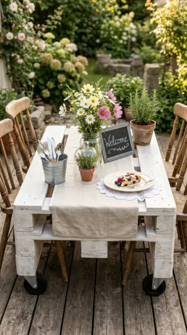18 Pallet Table DIY Whitewashed Outdoor Patio Wheels 13 13. Style the Whitewashed Pallet Table as a Farmhouse Outdoor Tablescape