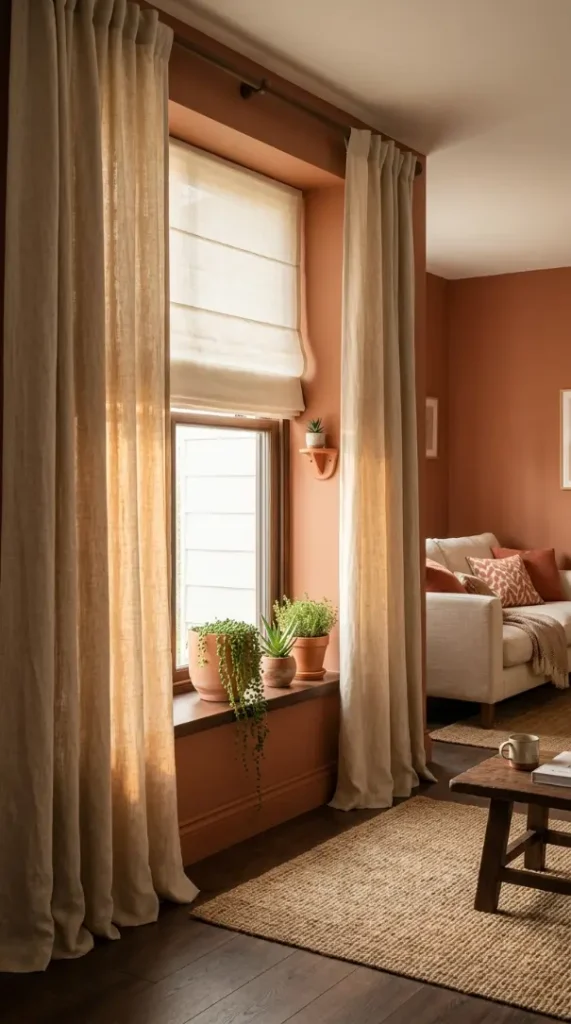 16 Living Room Decor Color Schemes Warm Terracotta Cream 13 13. Terracotta and Cream With Natural Linen Curtains and Window Styling
