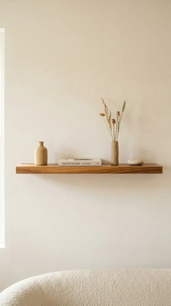 18 Minimalist Living Room Decor Ideas Warm Texture Curved 13 13. Use a Low Floating Shelf in Natural Walnut for Minimal Object Display