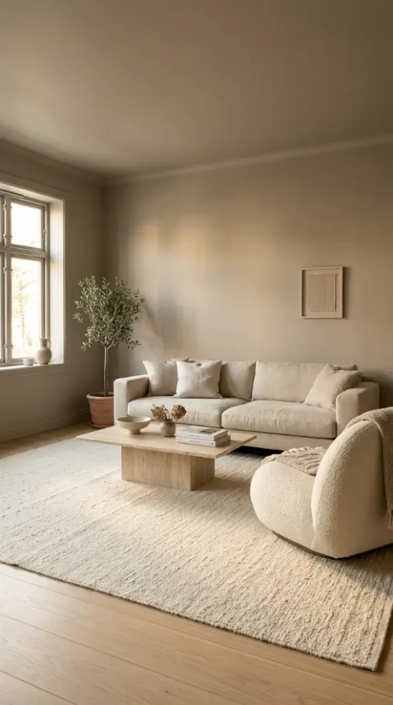 15 Cozy Minimalist Living Room Warm Greige Color Drenched 13 13. Warm Greige Room With Natural Undyed Wool Rug as Floor Anchor