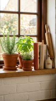 18 Herb Garden Ideas Indoor Kitchen Window Terracotta 14 14. Add Terracotta Herb Pots to a Kitchen Window Shelf With Cookbooks