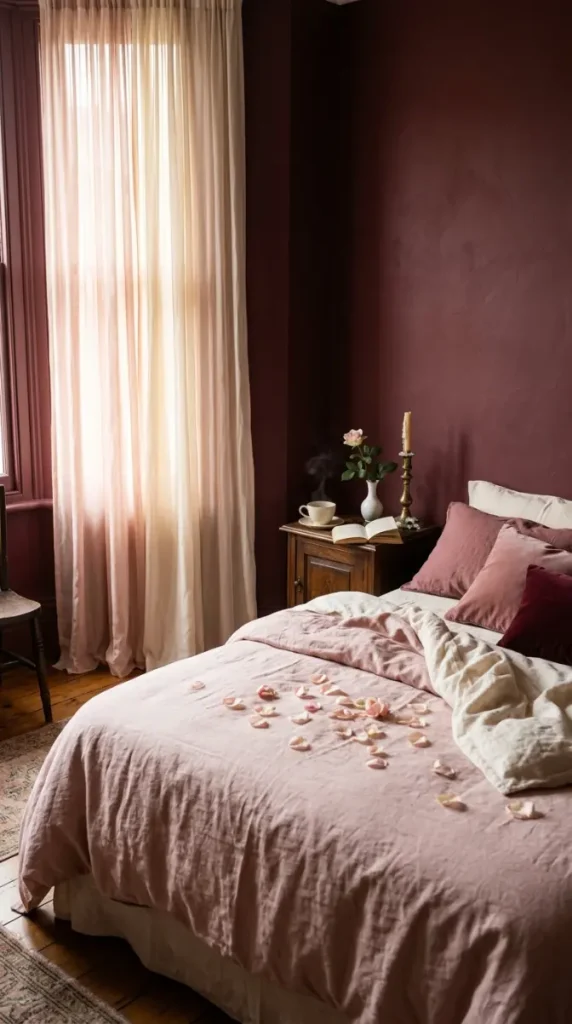 15 Bedroom Decor Colorful Blush Burgundy Romantic Style 14 14. Blush and Burgundy Bedroom in Morning Light