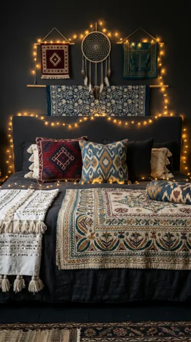 18 Bohemian Bed Dark Charcoal Fairy Light Dreamcatcher 14 14. Boho Dark Charcoal Bedroom With Vintage Global Textile Layering