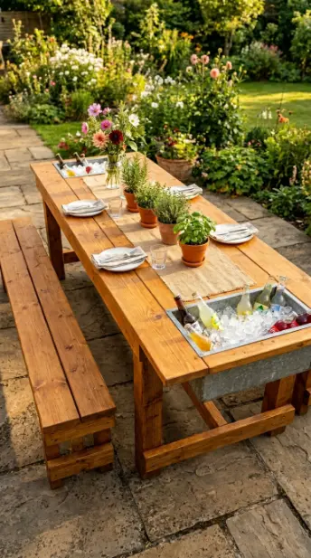 18 Pallet Table Outdoor Built-In Ice Cooler Party Table 14 14. Build a Long Pallet Picnic Party Table With Two Cooler Troughs and Attached Bench Seats