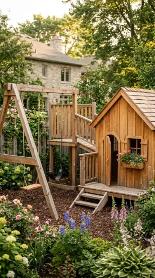 22 DIY Kids Playground With Cedar Swing Set and Slide 14 14. Cedar Swing Set With Adjoining Cedar Playhouse