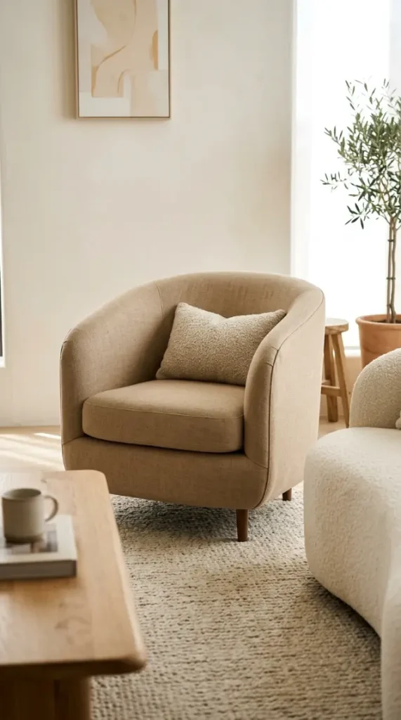 18 Minimalist Living Room Decor Ideas Warm Texture Curved 14 14. Choose Curved Armchairs With Organic Upholstered Forms as Accent Seating